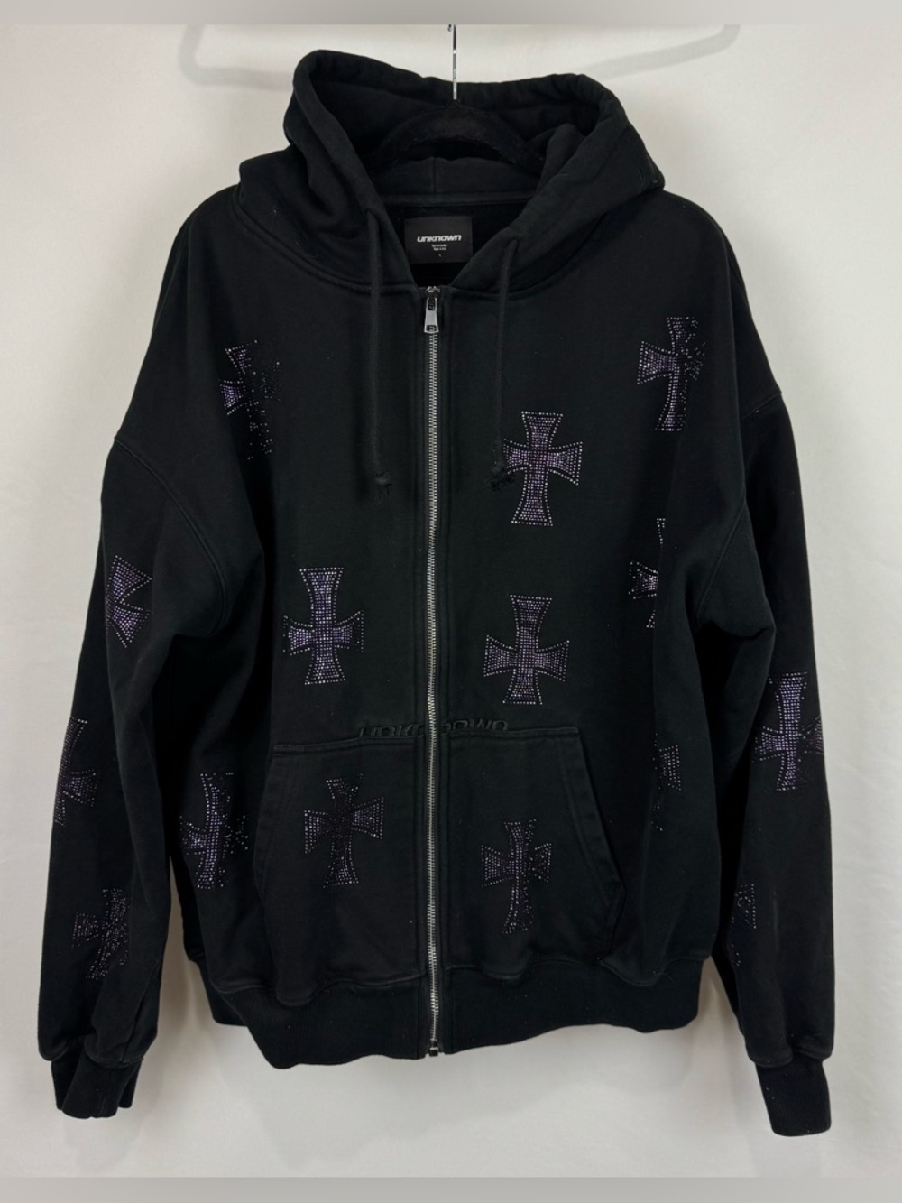 Unknown London Unisex Sz L Black Purple Cross Rhinestones Full Zip Hoodie Heavy